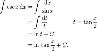 \begin{align}
\int\csc x\,\mathrm{d}x&=\int\frac{\mathrm{d}x}{\sin x}&\\
&=\int\frac{\mathrm{d}t}{t}&t=\tan\frac{x}{2}\\
&=\ln t+C\\
&=\ln \,\tan\frac{x}{2}+C.
\end{align}