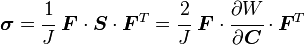 \boldsymbol{\sigma} = \cfrac{1}{J}~\boldsymbol{F}\cdot\boldsymbol{S}\cdot\boldsymbol{F}^T
= \cfrac{2}{J}~\boldsymbol{F}\cdot\cfrac{\partial W}{\partial \boldsymbol{C}}\cdot\boldsymbol{F}^T