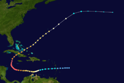 The track of the 1932 Cuba hurricane, with the track beginning at bottom-center, tracing towards the left and then curving to the upper-right corner of the image.