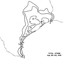 Black and white contoured map of rainfall amounts. Each line represents an interval of 3 in (75 mm) of precipitation.