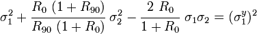 \sigma_1^2 + \cfrac{R_0~(1+R_{90})}{R_{90}~(1+R_0)}~\sigma_2^2 - \cfrac{2~R_0}{1+R_0}~\sigma_1\sigma_2 = (\sigma_1^y)^2