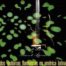 Black background with green spots with faint flamenco guitar in center