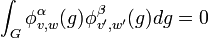 \int_G \phi^\alpha_{v,w}(g)\phi^\beta_{v',w'}(g)dg=0