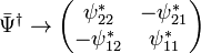 \bar{\Psi}^\dagger \rightarrow
\begin{pmatrix}
\psi_{22}^* & -\psi_{21}^* \\ -\psi_{12}^* & \psi_{11}^*
\end{pmatrix}