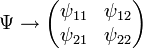\Psi \rightarrow
\begin{pmatrix}
\psi_{11} & \psi_{12} \\ \psi_{21} & \psi_{22}
\end{pmatrix}