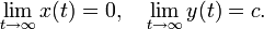 \lim_{t \to \infty}x(t) = 0,\quad \lim_{t \to \infty}y(t) = c.\