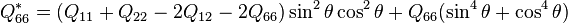 Q^*_{66} = (Q_{11} + Q_{22} - 2 Q_{12} - 2 Q_{66})\sin^2\theta \cos^2 \theta + Q_{66}(\sin^4 \theta + \cos^4 \theta)