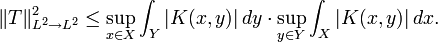 \Vert T\Vert^2_{L^2\to L^2}\le
\sup_{x\in X}\int_Y|K(x,y)| \, dy
\cdot
\sup_{y\in Y}\int_X|K(x,y)| \, dx.