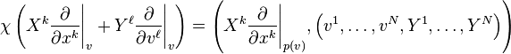 \chi\left(X^k\frac{\partial}{\partial x^k}\Bigg|_v + Y^\ell\frac{\partial}{\partial v^\ell}\Bigg|_v\right ) = \left (X^k\frac{\partial}{\partial x^k}\Bigg|_{p(v)}, \left (v^1,\ldots,v^N,Y^1,\ldots,Y^N \right) \right )