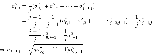 \begin{align}
\sigma_{0,j}^2
&= \frac{1}{j}(\sigma_{0,1}^2 + \sigma_{1,2}^2 + \cdots + \sigma_{j-1,j}^2)\\
&= \frac{j-1}{j}\cdot\frac{1}{j-1}(\sigma_{0,1}^2 + \sigma_{1,2}^2 + \cdots + \sigma_{j-2,j-1}^2) + \frac{1}{j}\sigma_{j-1,j}^2\\
&= \frac{j-1}{j}\,\sigma_{0,j-1}^2 + \frac{1}{j}\sigma_{j-1,j}^2 \\
\Rightarrow \sigma_{j-1,j}
&=\sqrt{j\sigma_{0,j}^2-(j-1)\sigma_{0,j-1}^2}
\end{align}