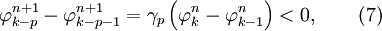 \varphi _{k-p}^{n + 1} - \varphi _{k-p-1}^{n + 1} = {\gamma _p \left( {\varphi _{k}^n - \varphi _{k - 1}^n } \right)} < 0 , \quad \quad ( 7)
