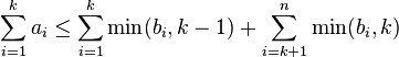 \sum^k_{i=1} a_i\leq \sum^k_{i=1} \min(b_i,k-1)+ \sum^n_{i=k+1} \min(b_i,k)