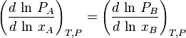 \left ( \frac{d\,\ln\,P_A}{d\,\ln\,x_A} \right )_{T,P} = \left ( \frac{d\,\ln\,P_B}{d\,\ln\,x_B} \right )_{T,P}