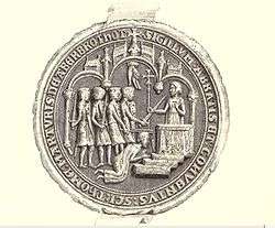 Seal image of a crowd of men attacking a kneeling figure before an altar.