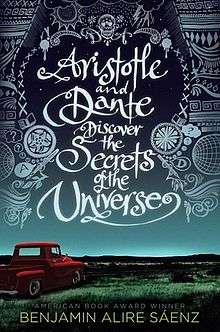Cover art for "Aristotle and Dante Discover the Secrets of the Universe", which depicts an empty red pickup truck parked in the middle of an empty field in the Southwestern United States. Above the truck are a number of symbols, including a skull, flowers, a book, rainclouds, the sun, question marks, and indigenous designs.