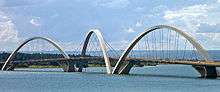 The Juscelino Kubitschek Bridge viewed from the eastern shore of Lake Paranoá.