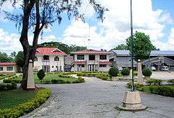 Five broad paved paths meet at centre. Between the paths are grassed areas with low hedge borders. The area at left holds a large tree. No people to be seen. In the background, perhaps 50 metres away, are several two-storey white-faced buildings. They could be residential, they could be administrative. In the foreground is a flagpole, no flag.