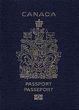 Cover of a Canadian e-Passport.  Cover is navy blue colour with a gold-coloured crest.  Text reads "CANADA" above the crest and "PASSPORT" and "PASSEPORT" below