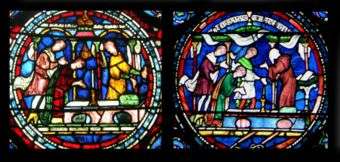Round sections of two stained glass windows both show a scene of a person kneeling at an altar while onlookers talk. The number of onlookers, small details and colour schemes are different.