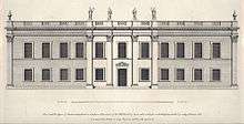 Drawing of a two-storey classical house with statues and urns along the roof