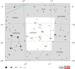 Diagram showing star positions and boundaries of the Crater constellation and its surroundings