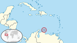 Location of Curaçao (circled in red)in the Caribbean (light yellow)