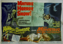 A film poster advertising for the films The Manster on the right and The Horror Chamber of Dr.Faustus on the left. The left side features a skeleton and a small image of suffocation from the film as well as text praising the film. The second side of the poster features a two-headed man wielding a dagger with a woman in peril at the bottom dressed in white.
