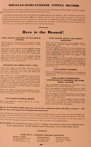 pink piece of paper headed "Douglas-Marcantonio Voting Record"