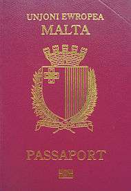 Cover of a Maltese biometric passport.  Cover is burgundy colour with a gold-coloured coat of arms.  Text reads "UNJONI EWROPEA"  and "MALTA" above the crest, with "PASSAPORT" below