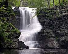 A white waterfall in a rocky gorge with trees and vegetation all around