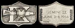 Gemini 9 mission emblem and crew names (front). Flight dates (back)