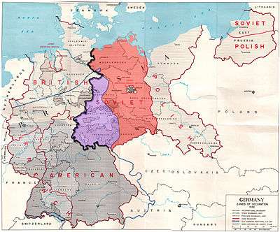 Map of the Allied zones of occupation in post-war Germany, as well as the line of US forward positions on V-E Day. The south-western part of the Soviet occupation zone, close to a third of its overall area was west of the U.S. forward positions on V-E day.