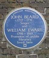 A Blue plaque on a brick wall with the words "John Beard C1717 – 1791 Singer and William Ewart 1798 – 1861 Promoter of Public Libraries