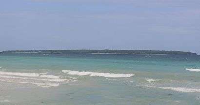 Long low green island, about 3.9 km (2 mi) distant. Two beaches can be made out.