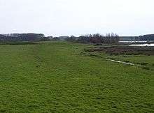 field with raised grass track leading to distant mound