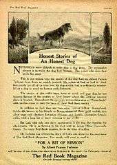 Three graphics panel at the top of a magazine page depict trees and a grass land. A dog, a Rough Collie, stands in the center panel. Text underneath the panels praise Terhune's writing abilities and call for readers to buy the next issue to read Terhune's next short story.
