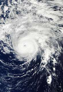 A satellite image depicting a well-developed hurricane with a clear eye visible.