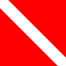 A drawing of a red flag with a white diagonal band from the top of the hoist to the bottom of the fly.
