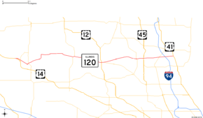 The northeastern part of Illinois showing major roads. IL 120 runs from US 14 east to IL 131.