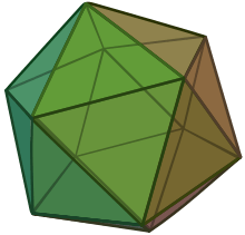 The nearly round icosahedron has 20 faces. Each face is an equilateral triangle.