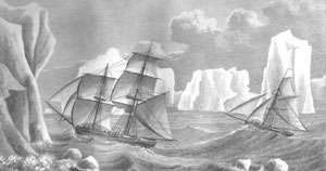 Stylised drawing of two sailing ships caught in rough seas, surrounded by towereing icebergs.