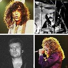 A square quartered into four, each with a head-shot photograph of each of the four members of Led Zeppelin.
