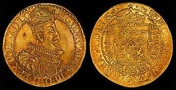 Sigismund III depicted on a 1616 Lithuanian 10 ducatCoat of arms, Polish–Lithuanian Commonwealth, and privy mark of Hieronim Wołłowicz, Grand Treasurer of Lithuania (reverse, see file notation).