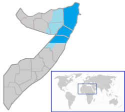 Location of Puntland (blue and dark blue)in Somalia (blue & grey)Disputed territory (light blue)