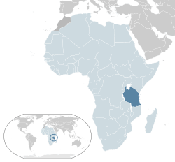 Location of Tanzania (dark blue)in Africa (light blue subregion=the African Union)