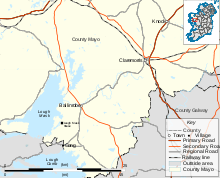 Map of the Lough Mask area of County Mayo, showing the location of Lough Mask House. The house is 6 kilometres (3.7 mi) southwest of Ballinrobe, and 6 km north of Cong; Claremorris is a further 22 kilometres (14 mi) north-east of Ballinrobe.