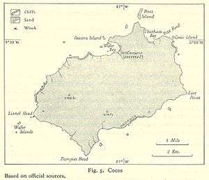  island outline with some marked features including the locations of two shipwrecks in an area identified as Wafer Bay
