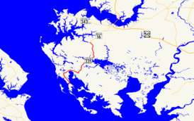 A map of the Dorchester County, Maryland showing major roads. Maryland Route 335 runs from Hooper's Island to Church Creek.