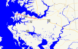 A map of Dorchester County, Maryland showing major roads. Maryland Route 343 runs from Hudson to Cambridge.