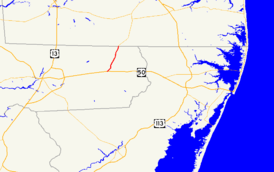 A map of the northern part of the lower Eastern Shore of Maryland showing major roads. Maryland Route 354 runs from Pittsville north to the Delaware state line.